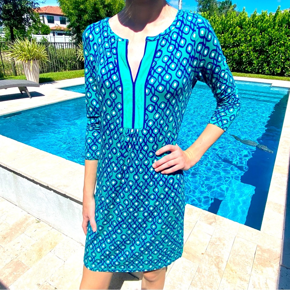 Boden  dress size 2, geometric print, Jersey knit midi dress, 3/4 sleeve.